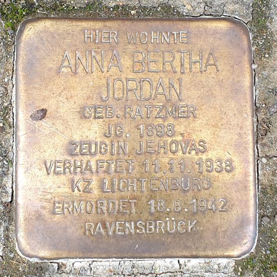Stolperstein dedicated to Anna Bertha Jordan
