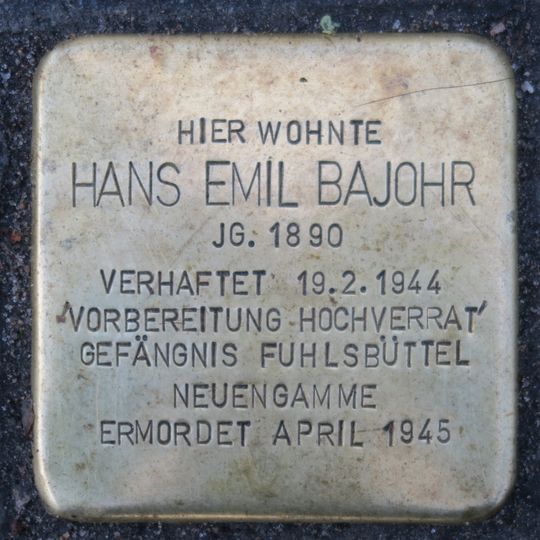 Stolperstein dedicated to Hans Emil Bajohr