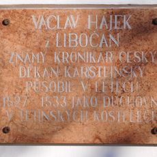 Plaque to Václav Hájek z Libočan at Tetín rectory