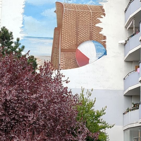 Strandmotiv mt Strandbord, Ball und Möwe