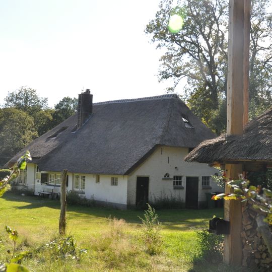 Boerderij met hoog rieten wolfdak, vensters met kleine roedenverdeling in de ramen en luiken. Mooie roedenberg
