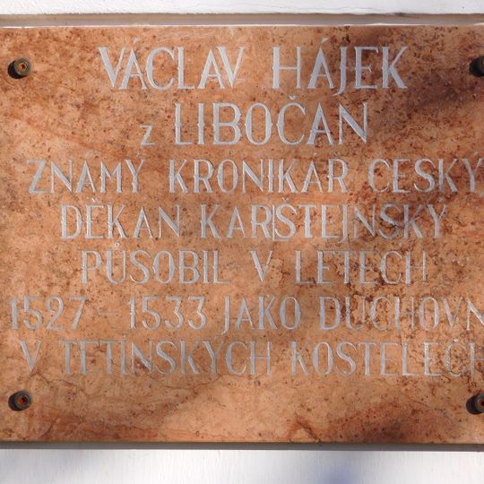 Plaque to Václav Hájek z Libočan at Tetín rectory