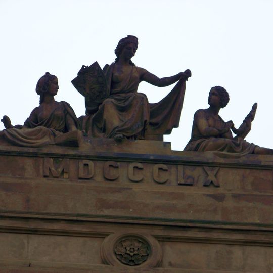 Sousoší ve štítě vpravo na budově Akademie věd na Národní třídě