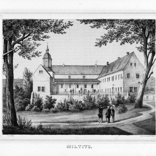 Einzeldenkmale der Sachgesamtheit Schloss, Patronatskirche und Rittergut Miltitz: Schloss und Herrenhaus, in T-Form aneinandergebaut Am Rittergut 3