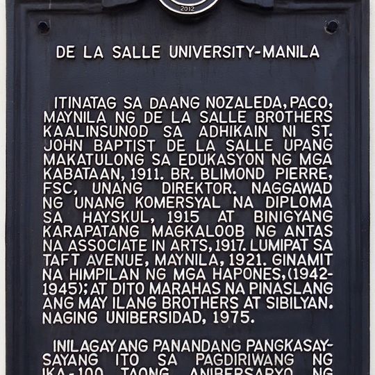 De La Salle University–Manila historical marker