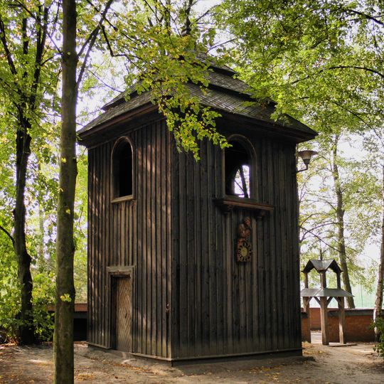 Wooden bell tower of Saint Andrew Bobola church in Bardzice