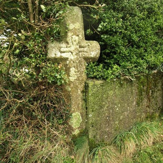 Wayside cross in the garden hedge of Southcott Cottage, at a crossroads called Southcott Cross