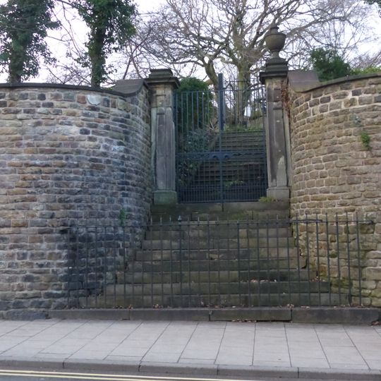 Gate piers, steps and wall opposite junction with Dallas Road