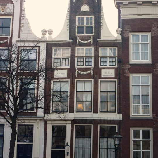 Pand met statige halsgevel met zandstenen voluten en segmentvormige frontons, vrijwel gelijk aan nr 31. Hardstenen stoep, ijzer hekwerk