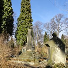 Friedhofskapelle (11b), Friedhofsverwaltung (11a), gegenüberliegende tempelartige Grabanlage mit Säulenportikus, Friedhofsmauer (hier Bezeichnung), drei Schöpfbecken, Kriegerdenkmal als Obelisk für die Gefallenen von 1866 und 1871, darum gruppier