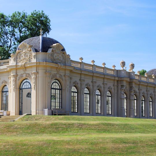 Orangery, Steps And Four Cherub Statues On Pedestals