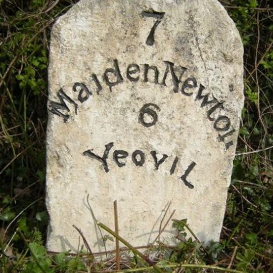 Milestone, Melbury Osmond; 100m S of small cottage backed by wood